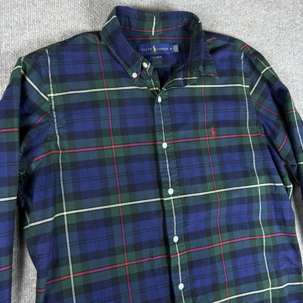 Ralph Lauren Classic Fit Shirt Mens M Blue Green Plaid Button Down Cotton
